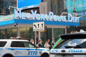 People standing outside the NYPD building