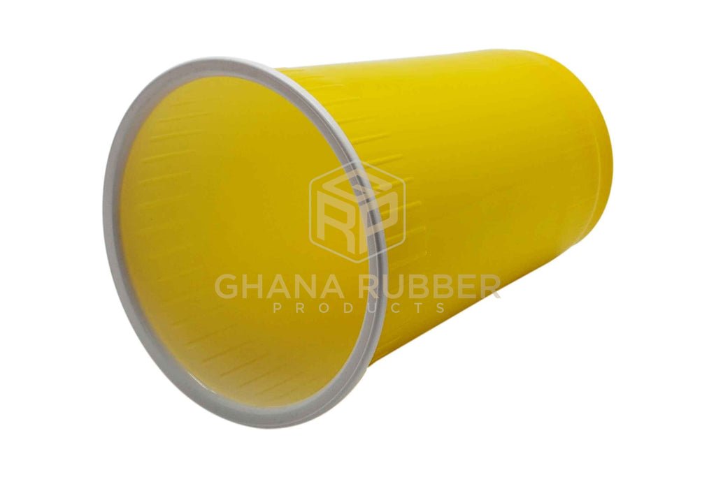 yellow paper cup with a watermark of "GHANA RUBBER"